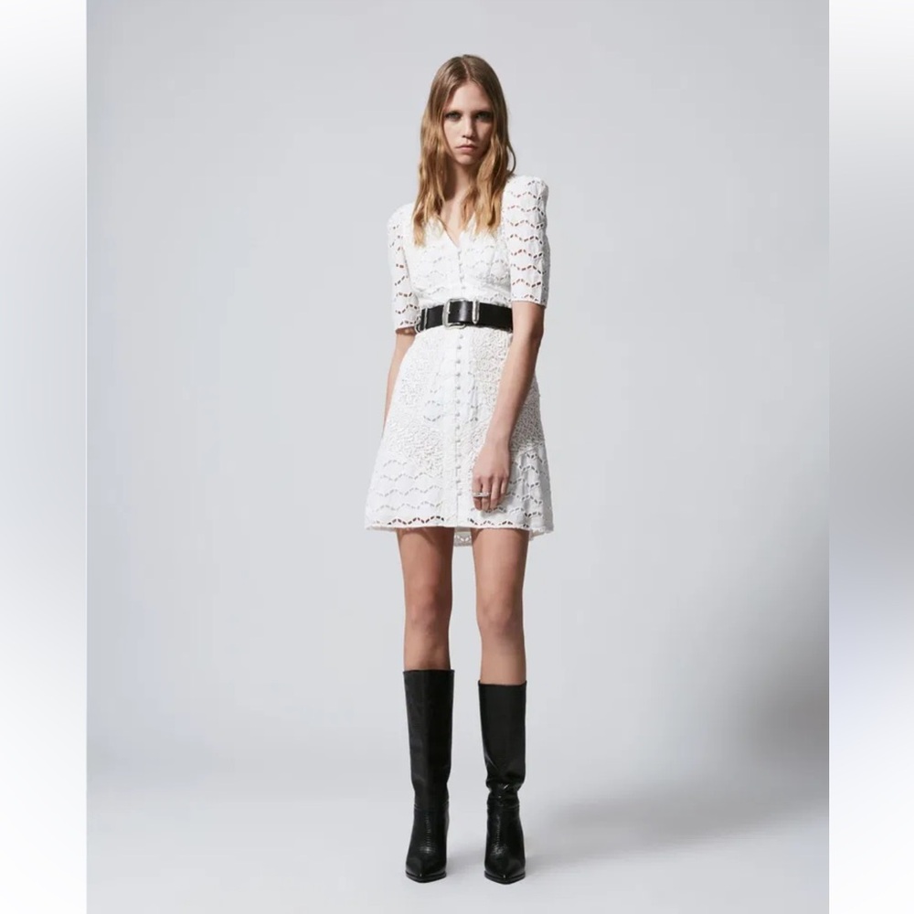 The Kooples White Puff Sleeve V-Neck Eyelet Mini Dress Sz 3/UK12/US8